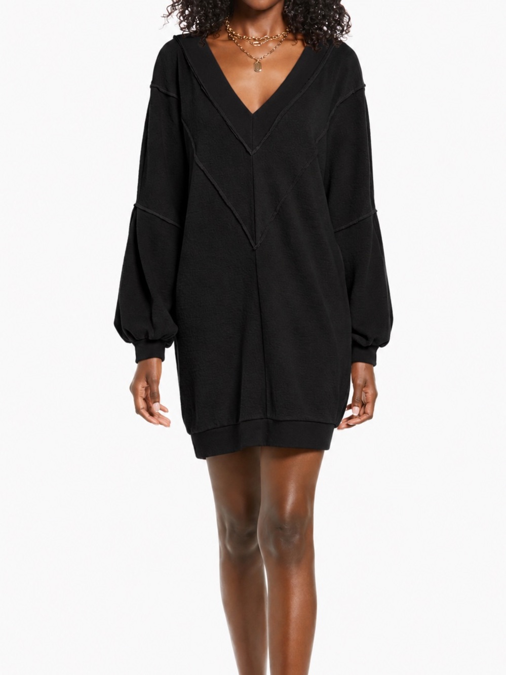 Nordstrom Open Edit Black V-Neck Balloon Sleeve Sweater Dress - NWT SIZE L